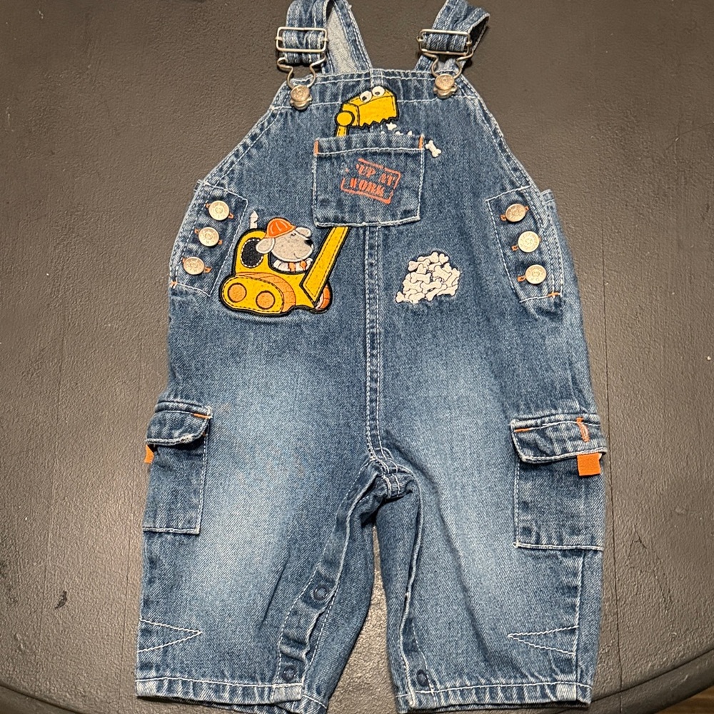 Vintage Blue Denim Overalls with Yellow & Orange Truck Appliqués